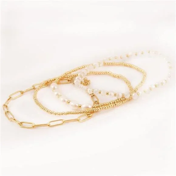 Dainty Gold Plated Pearl Crystal Beaded Bracelets Set for Women 14K Gold Plated - Picture 3 of 7